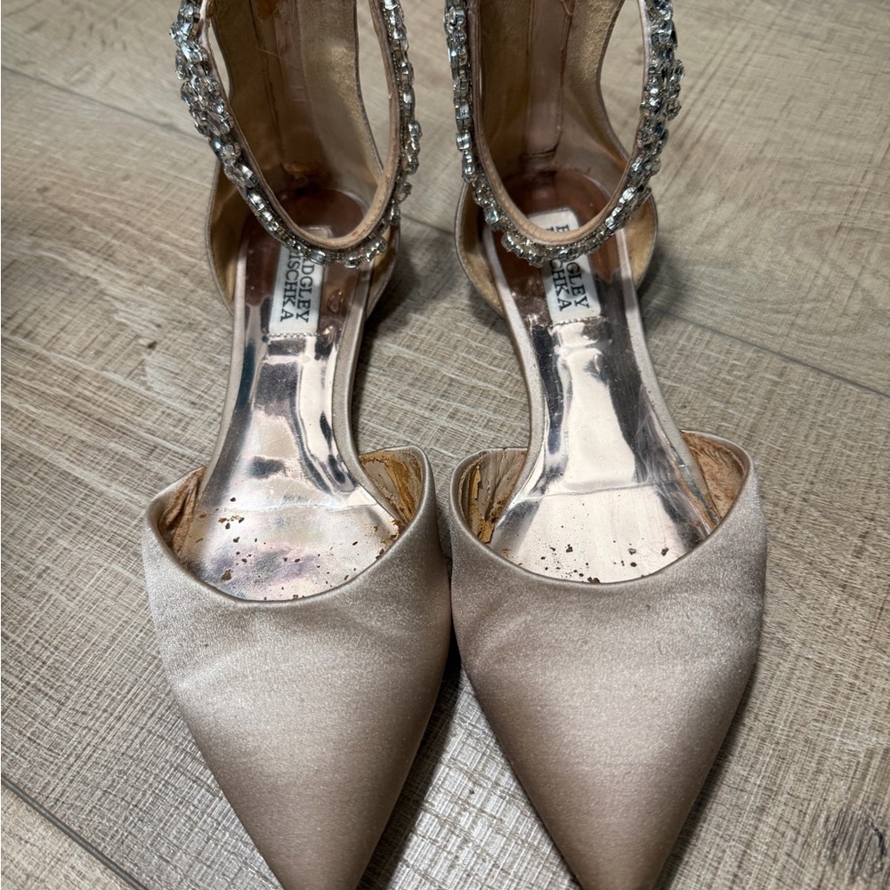 Badgley Mischka Champagne Satin Pointed-Toe Jeweled Ankle-Strap Heels
